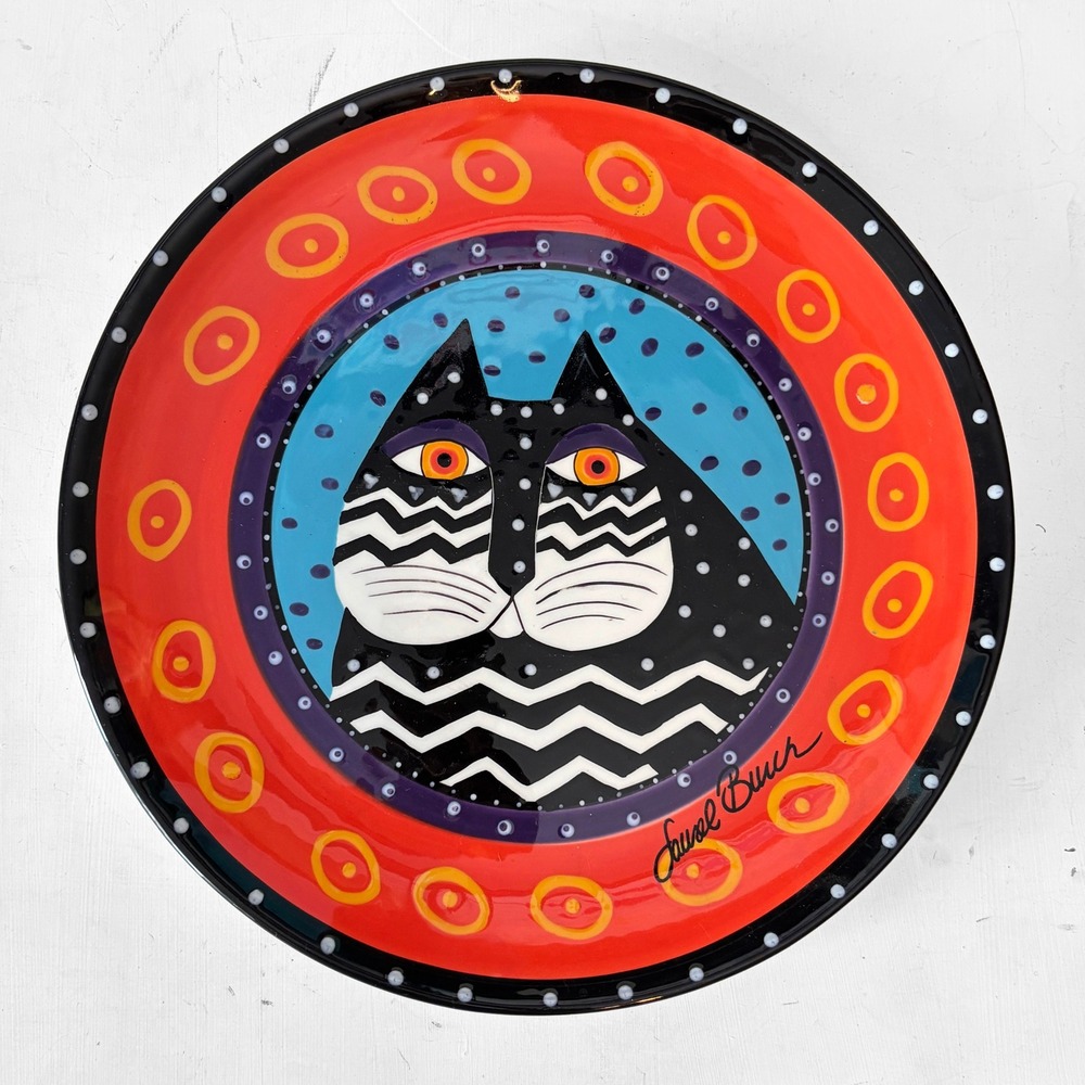 VTG 90s Laurel Burch Ganz Ceramic Decorative Plate Black Cat Chevron 10 inch